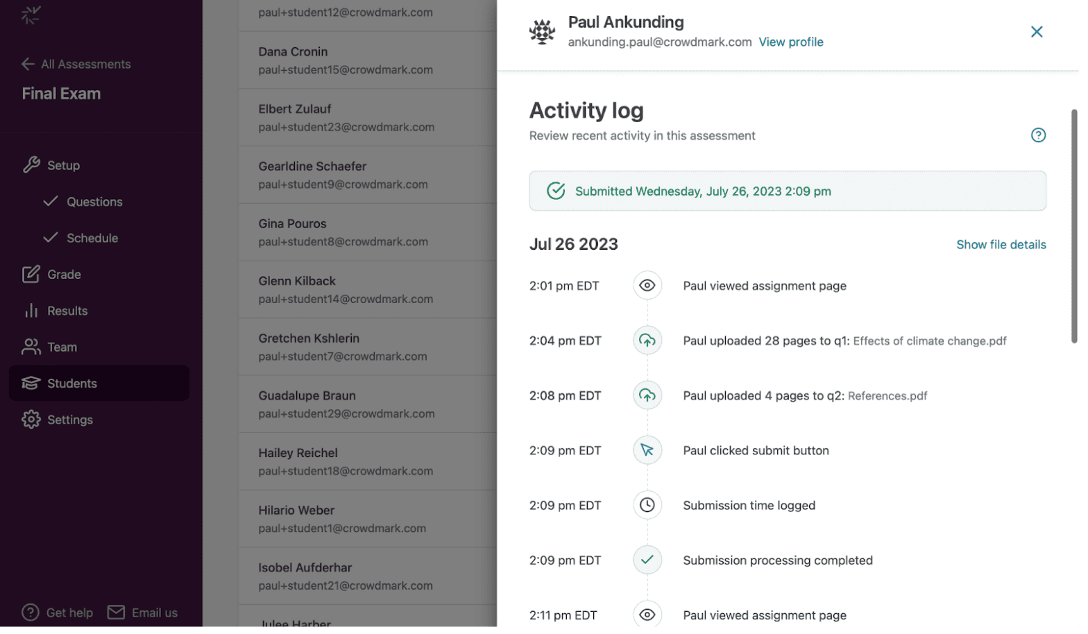 Activity log panel open showing recent actions taken by the student.